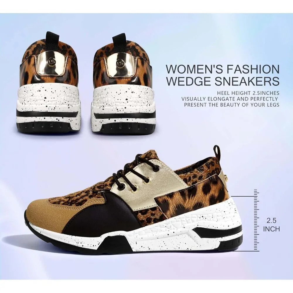 Lucky Step Women's Brown High Heel Wedge Sneaker Fashion Cliff Platform Lace Up - Picture 5 of 9